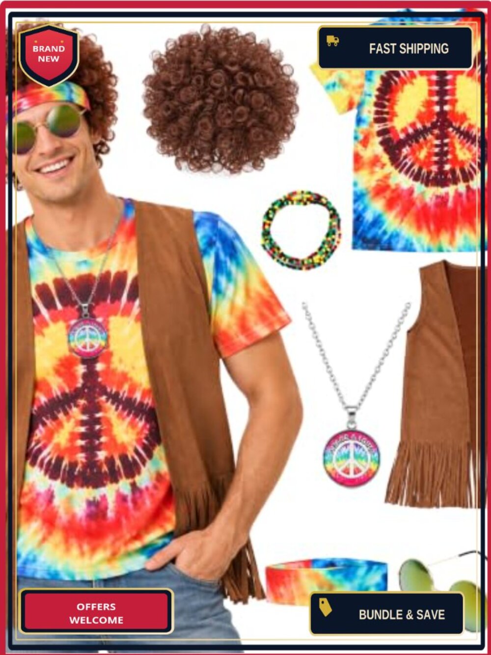 Men's 70s Hippie Costume Set Tie Dye Shirt Afro Wig Sunglasses Halloween Cosplay